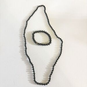 Gray Beaded Necklace 28” And Stretch Bracelet Set Budha Bead Fashion Jewelry